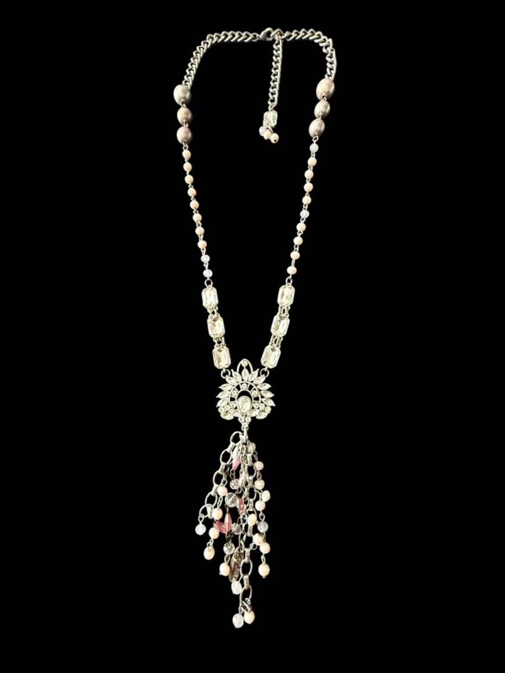 Plunder Long Silver-Tone Statement Necklace With Crystal & Pearl Accents Rare